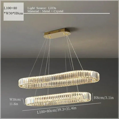Modern decorbites crystal ceiling pendant chandelier with gold metal frame and clear crystal accents illuminated by led lights