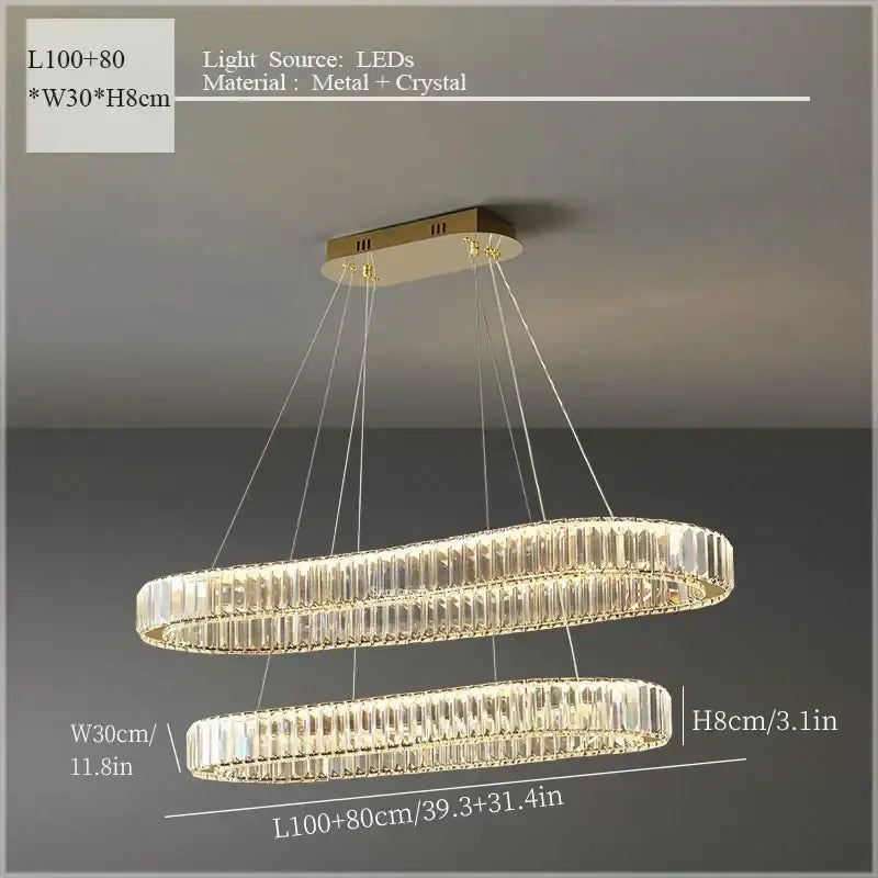 Modern decorbites crystal ceiling pendant chandelier with gold metal frame and clear crystal accents illuminated by led lights