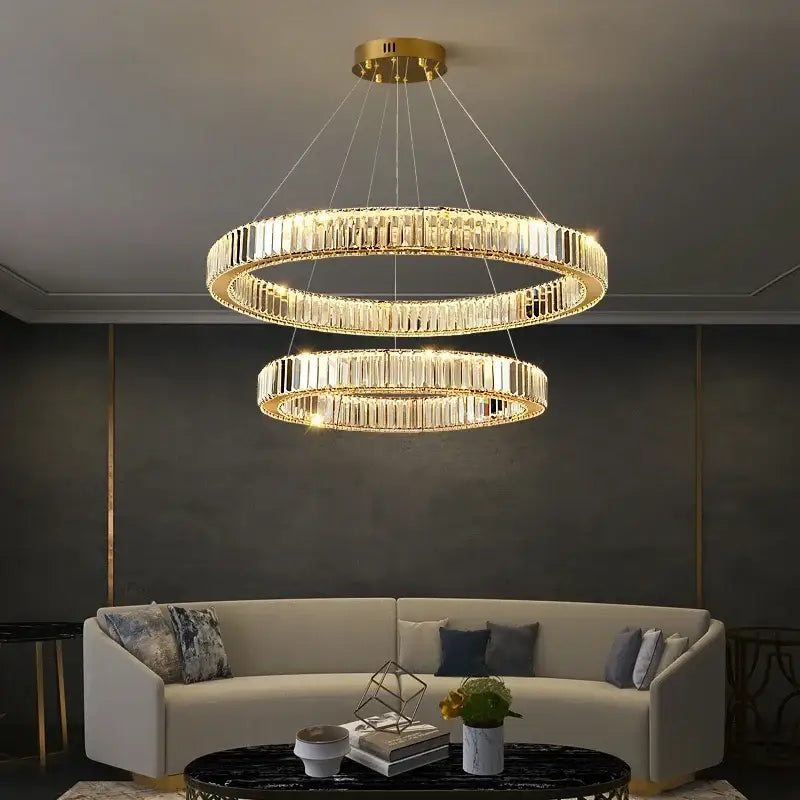 Gold-toned double-ring decorbites crystal ceiling pendant chandelier with faceted crystal accents for luxe room decor