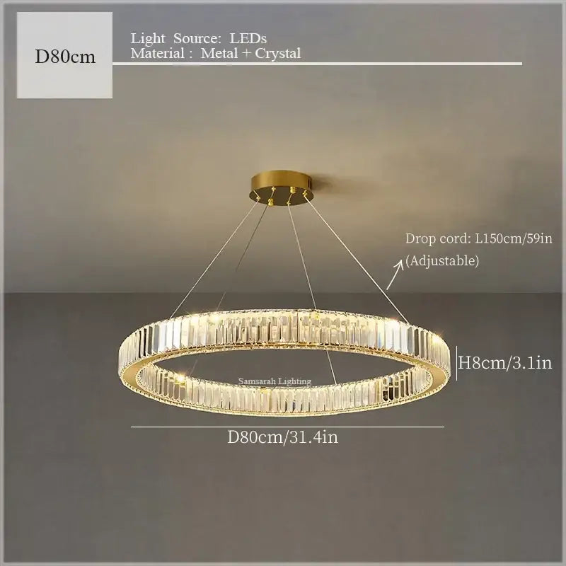 Gold-toned DecorBites crystal ceiling pendant chandelier with modern design, crystal accents, and led lighting for luxe decor