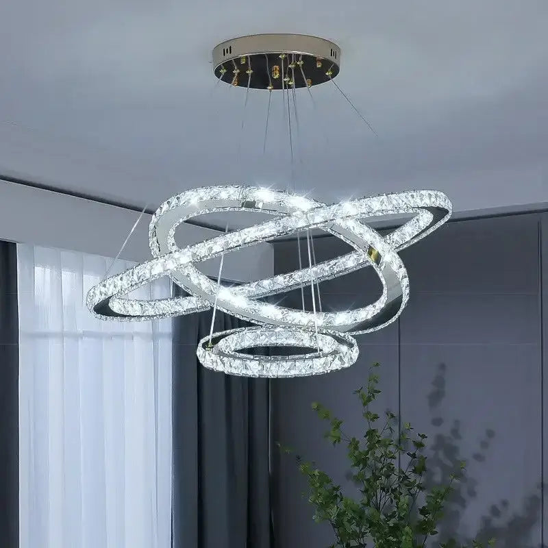 Modern multiring crystal chandelier pendant light with interlocking gold bands decorbites crystal ceiling pendant