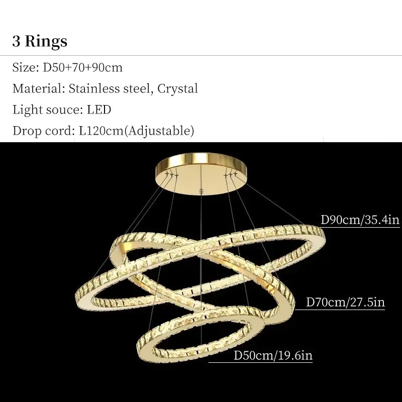Gold-toned three-ring decorbites crystal ceiling pendant light chandelier with crystal accents for modern living rooms