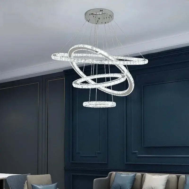Modern decorbites crystal ceiling pendant light with interlocking rings chrome finish and embedded led lights