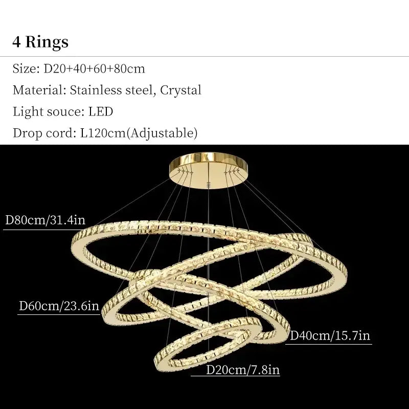 Gold-toned decorbites crystal ceiling pendant light chandelier with four interlocking rings and crystal accents in stainless steel