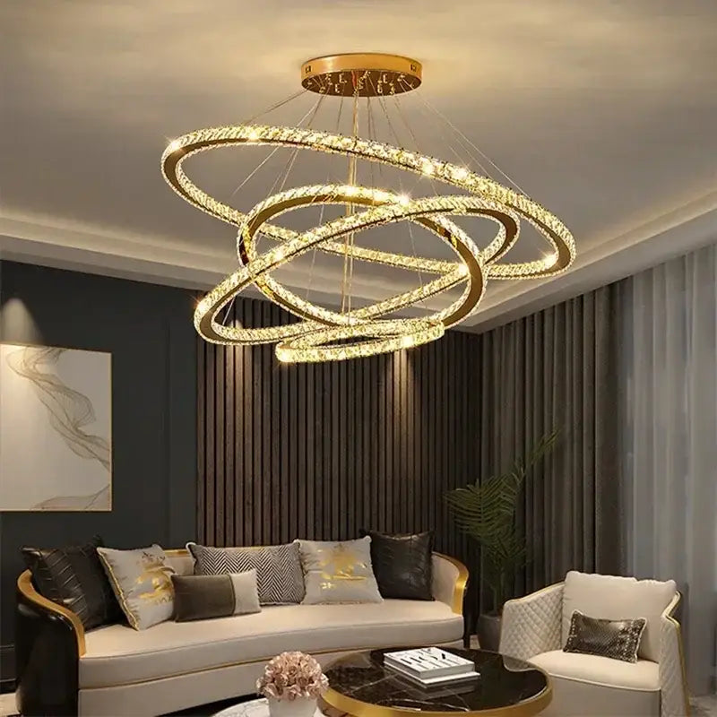 Decorbites crystal ceiling pendant light gold-toned with multiple interlocking rings for modern living room decor