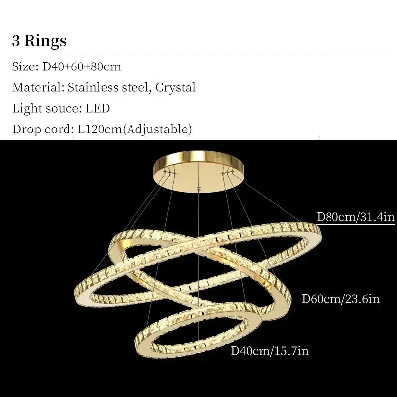 Gold-toned DecorBites crystal ceiling pendant light with three interlocking rings and sparkling crystal accents