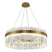 Modern gold-toned metal decorbites crystal ceiling pendant light with cascading clear crystal prisms for living room