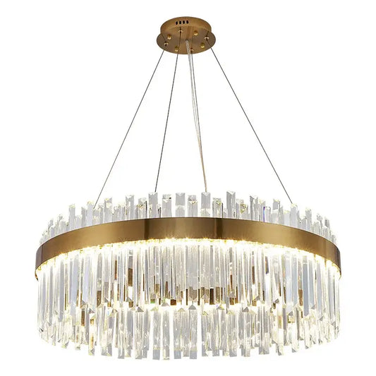Modern gold-toned metal decorbites crystal ceiling pendant light with cascading clear crystal prisms for living room