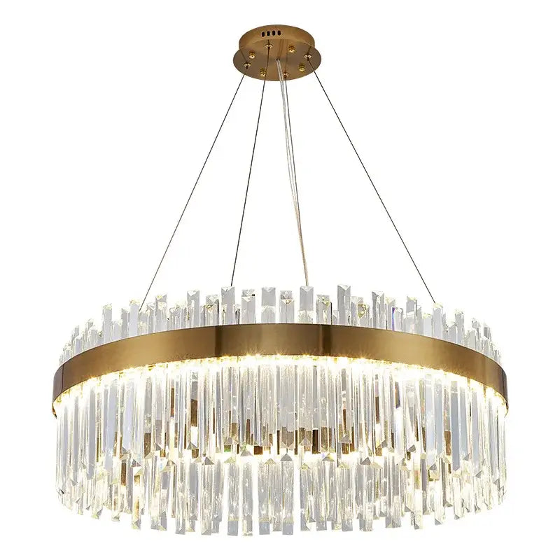 Modern gold-toned metal decorbites crystal ceiling pendant light with cascading clear crystal prisms for living room