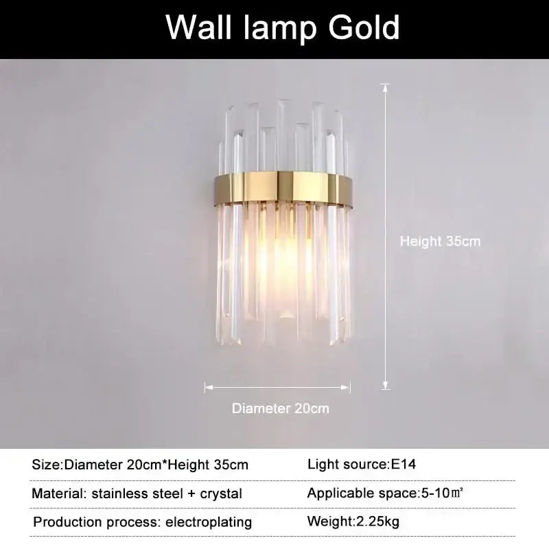 Gold-finished decorbites crystal ceiling pendant light with circular base and vertical crystal rods for living room decor