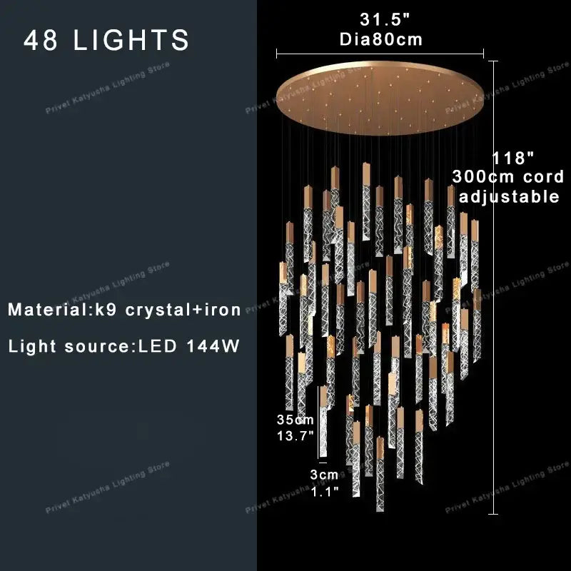 A modern bronze-toned decorbites crystal ceiling pendant light with 48 led lights and adjustable crystal-iron rods