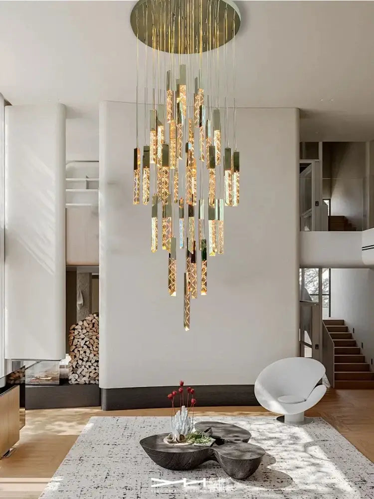 Golden decorbites crystal ceiling pendant lights featuring cascading glass tubes and adjustable metallic accents