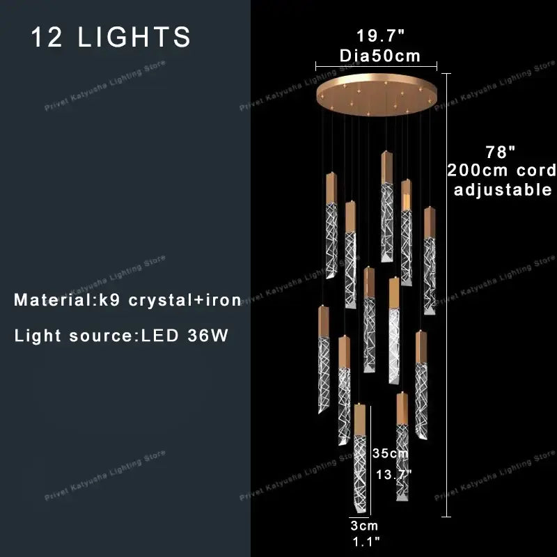 Modern chandelier pendant lights with circular bronze top and geometric patterned crystal rods by DecorBites crystal ceiling