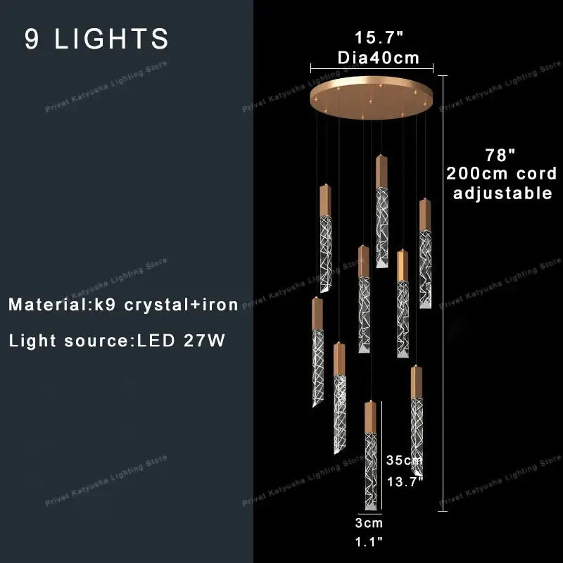 Modern copper-toned DecorBites crystal ceiling pendant with nine geometric etched crystal iron pendant lights and adjustable LED lighting