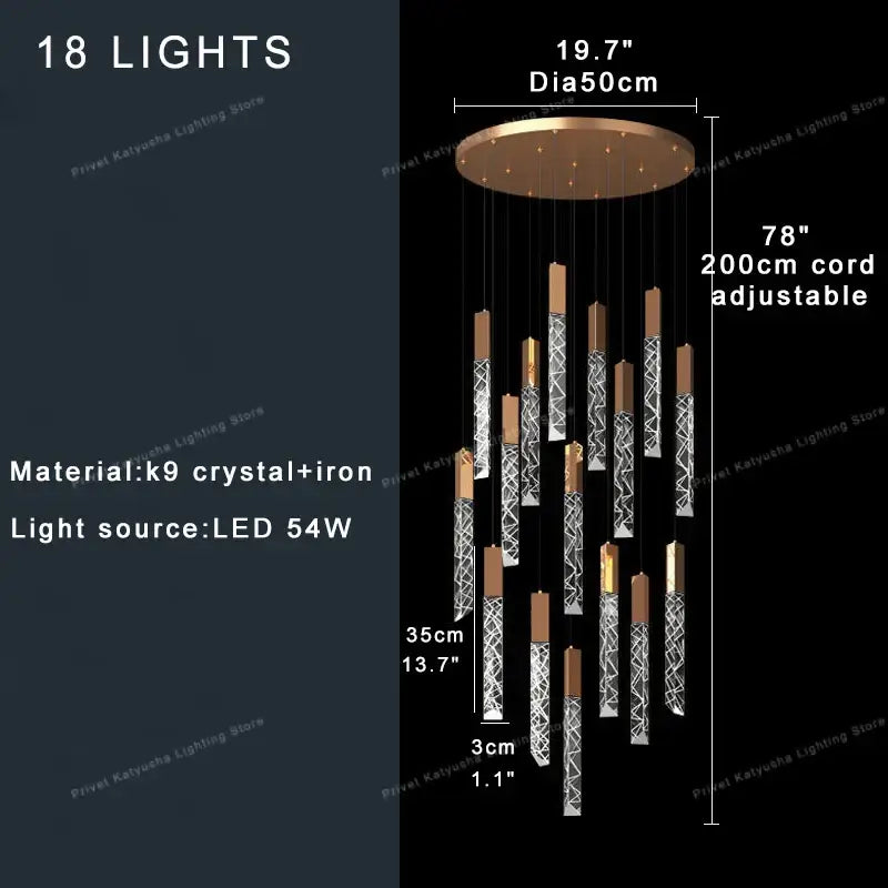 DecorBites crystal ceiling pendant lights with 18 led lights, bronze iron base, and geometric crystal rods design