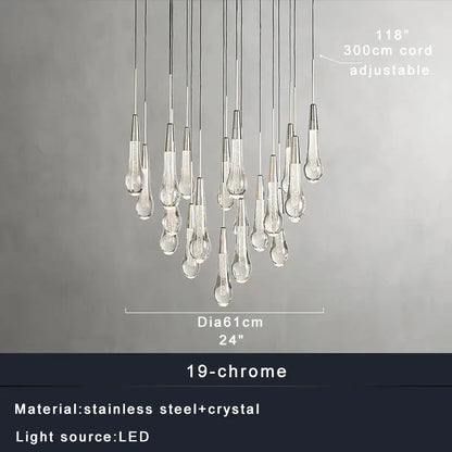 Elegant modern pendant lights with teardrop crystal pendants on 19-chrome stainless steel frame by DecorBites crystal ceiling
