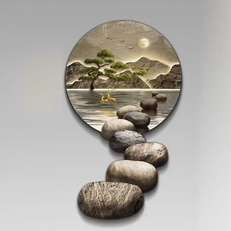 Decorbites crystal ceramic led wall lamp with circular mountain landscape featuring tree and full moon for modern decor