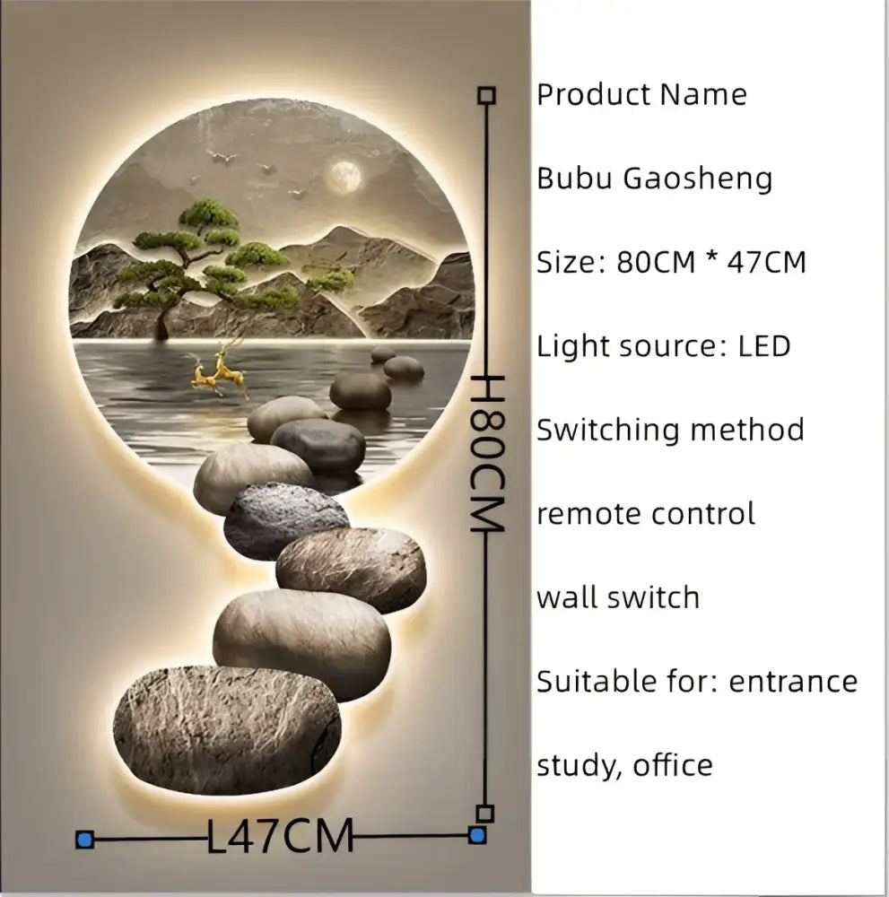 Led-lit circular wall lamp with serene stone mountain landscape under glowing moon by decorbites crystal ceramic