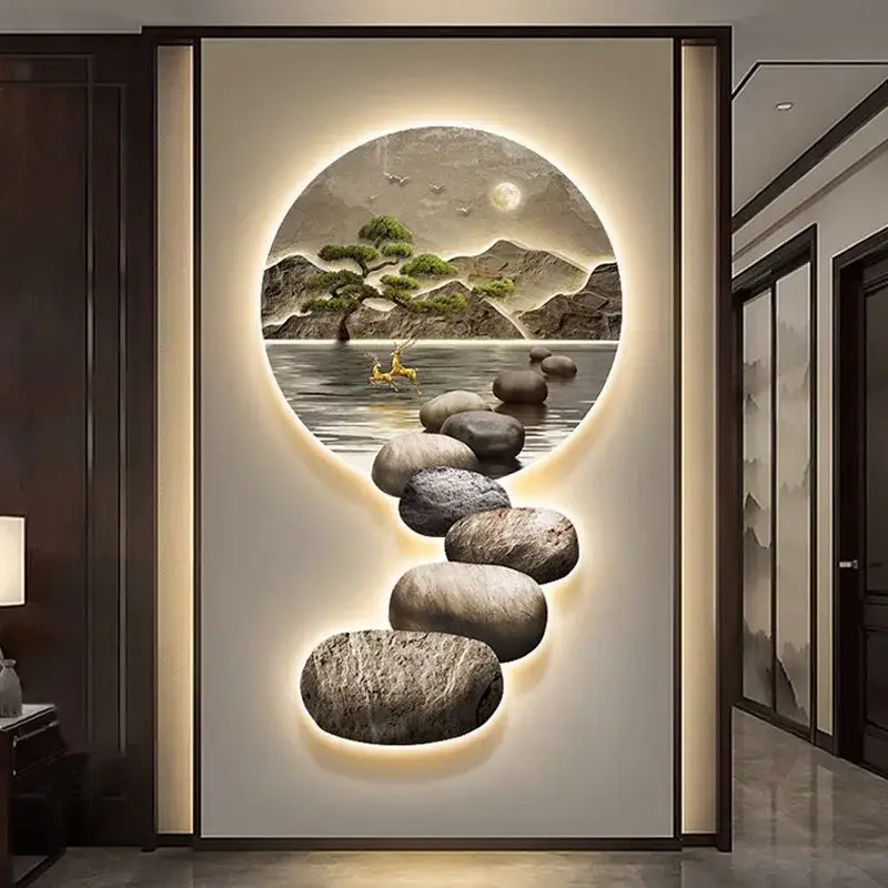 Circular decorbites crystal ceramic led wall lamp with illuminated serene mountain landscape for modern wall decor