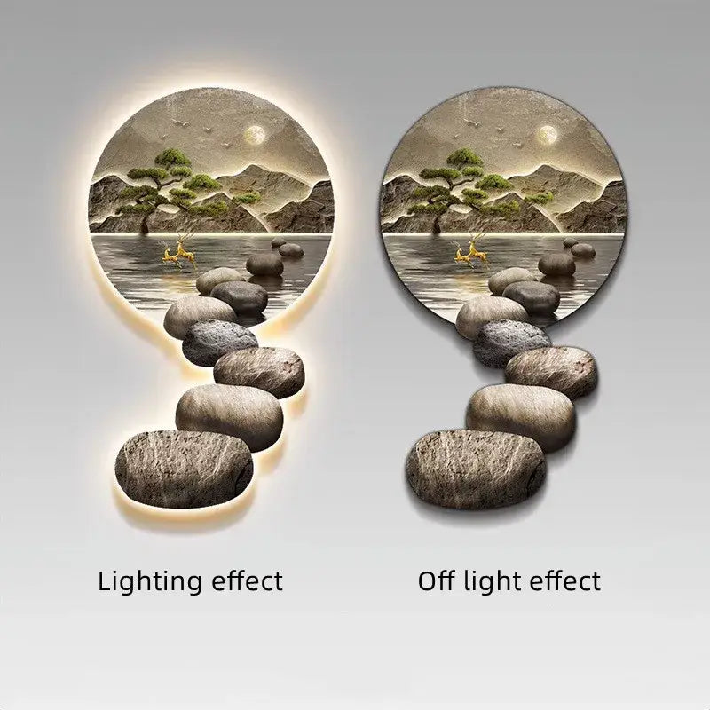 Circular DecorBites™ crystal ceramic led wall lamp with serene mountain landscape and soft glow for modern decor