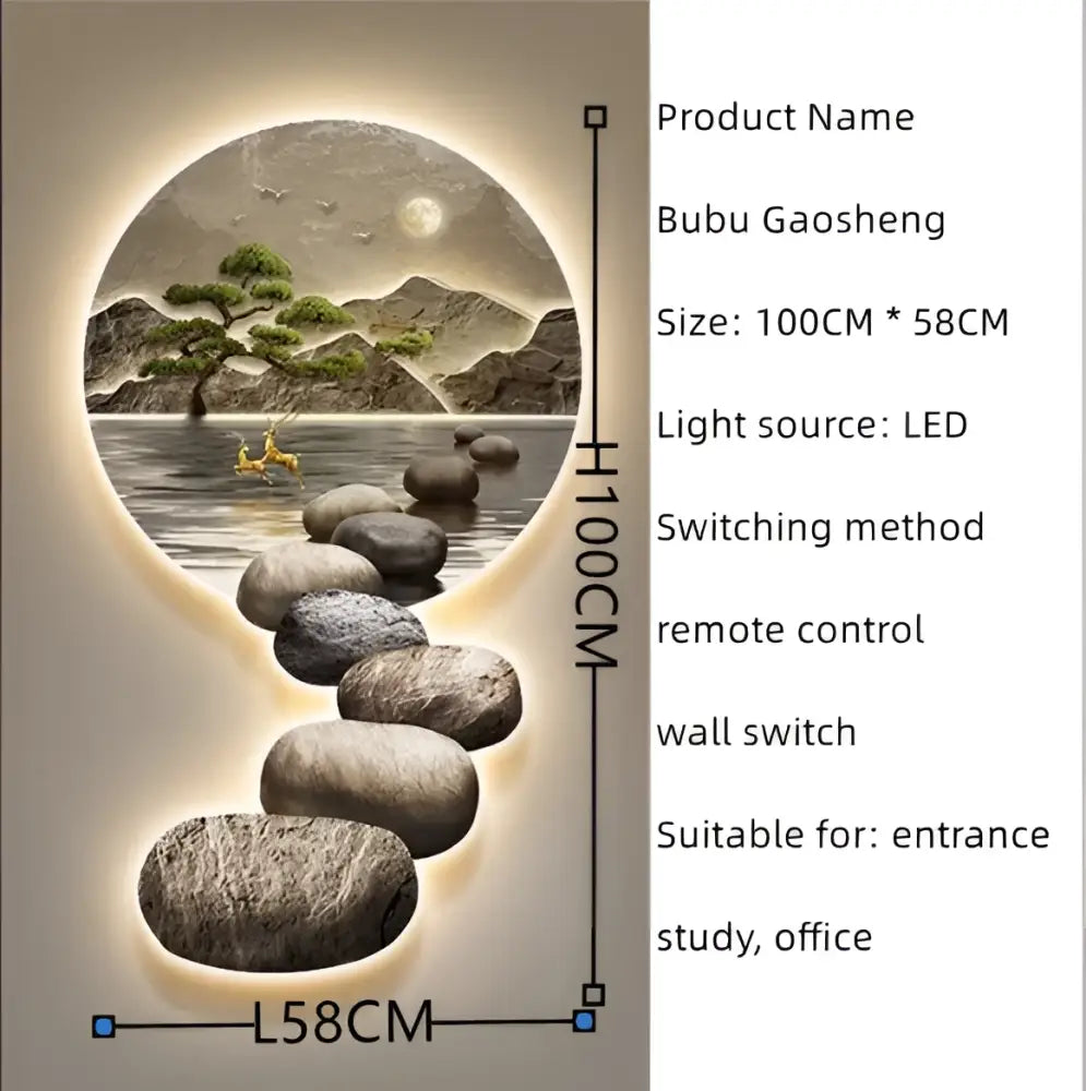 Decorbites crystal ceramic led wall lamp with led-lit circular design showing serene stones water and mountains under moon