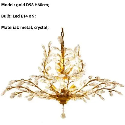 Gold-colored decorbites crystal chain pendant chandelier with intricate crystal branches and dangling crystal pendant for indoor decor