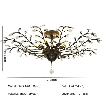 Decorbites crystal chain pendant chandelier with black metal branches and brass-toned mounting plate for indoor decor