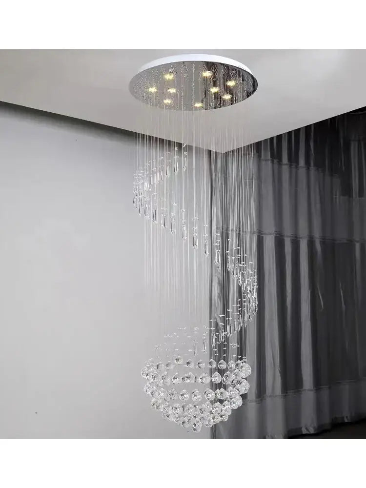 A modern DecorBites crystal chain pendant light chandelier with clear crystal droplets and circular ceiling fixture
