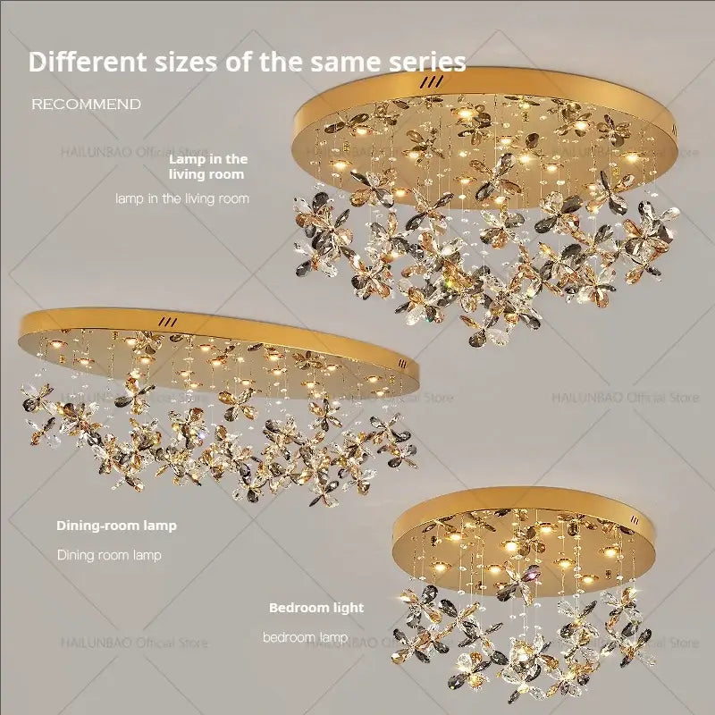 Gold-toned decorbites crystal chandelier with crystal butterfly ornaments hanging from circular frame for luxury rooms