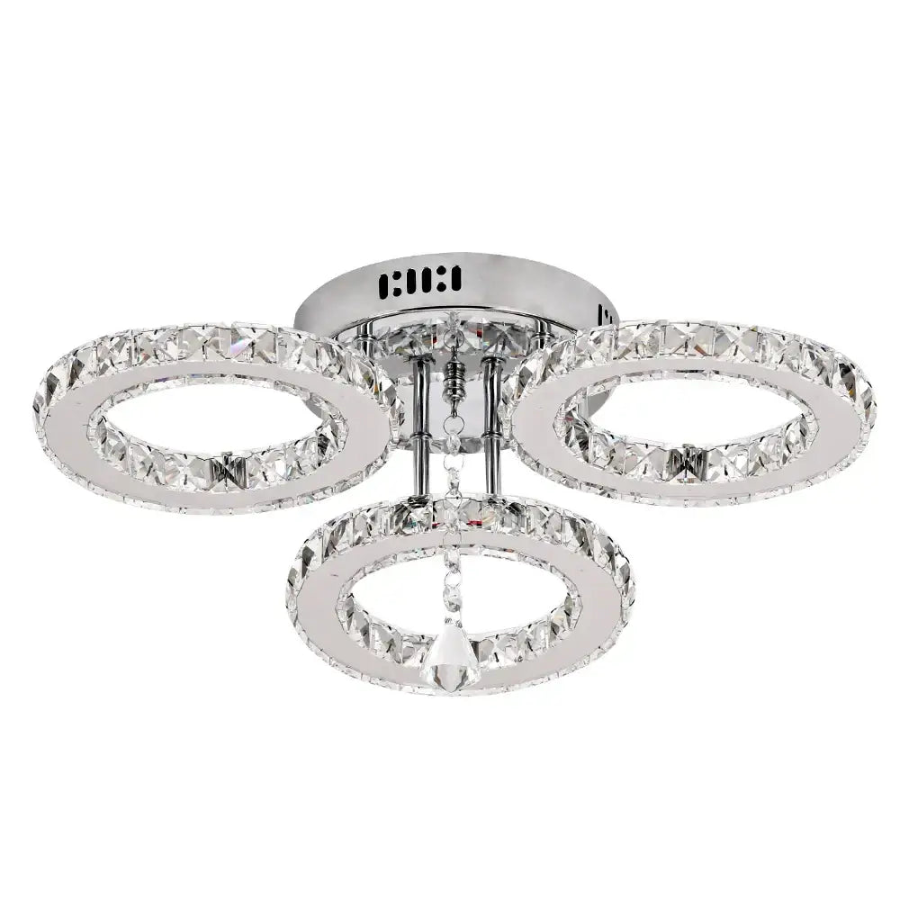Chrome-finished decorbites crystal chandelier pendant light with three circular rings and faceted crystals for living spaces