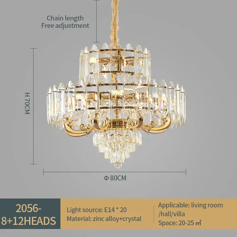 Gold-toned decorbites crystal chandelier with clear crystal prisms and ornate metalwork for living room pendant lighting