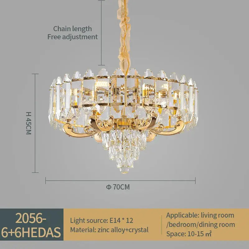 Gold-toned decorbites crystal chandelier with clear crystal accents and ornate design for living room and bedroom lighting