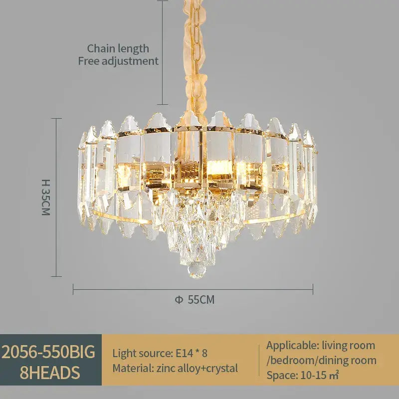Gold-toned decorbites crystal chandelier with clear prisms and eight LED light heads for living room and bedroom