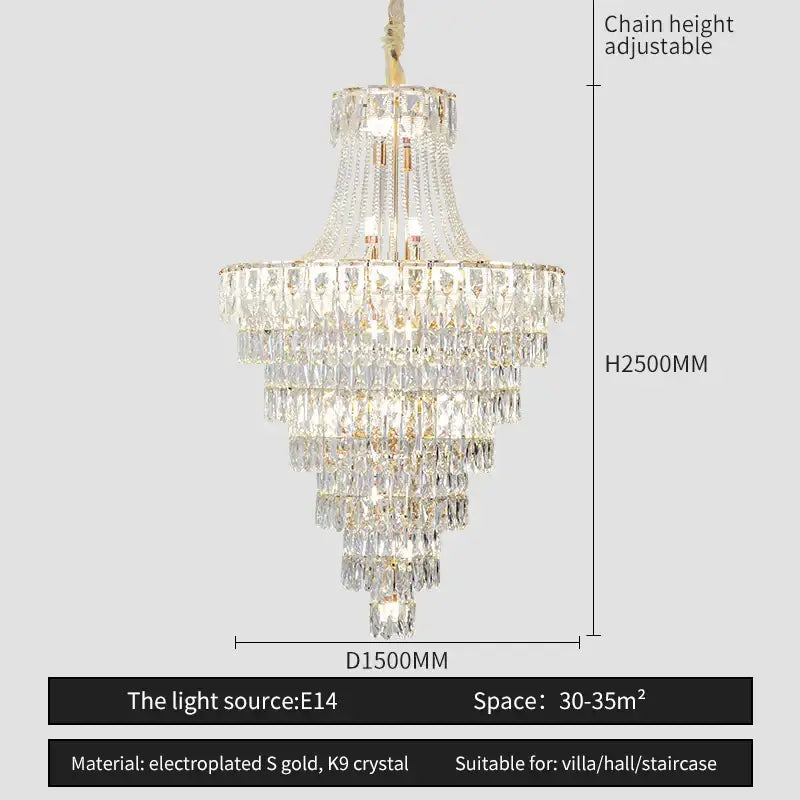 A multi-tiered decorbites crystal chandelier with electroplated gold accents and k9 crystals for elegant spaces