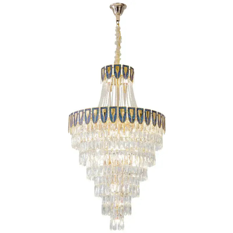 Elegant decorbites crystal chandelier with multi-tiered cascading clear crystal prisms and blue gold enamel accents for luxury spaces