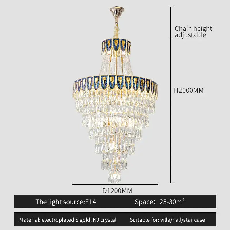 A multi-tiered decorbites crystal chandelier with clear k9 crystals and blue gold enamel accents for luxury settings