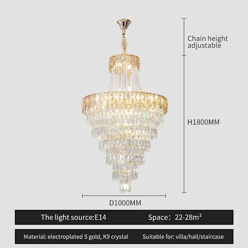 Decorbites crystal chandelier featuring multi tiered k9 crystals with electroplated gold accents for elegant spaces