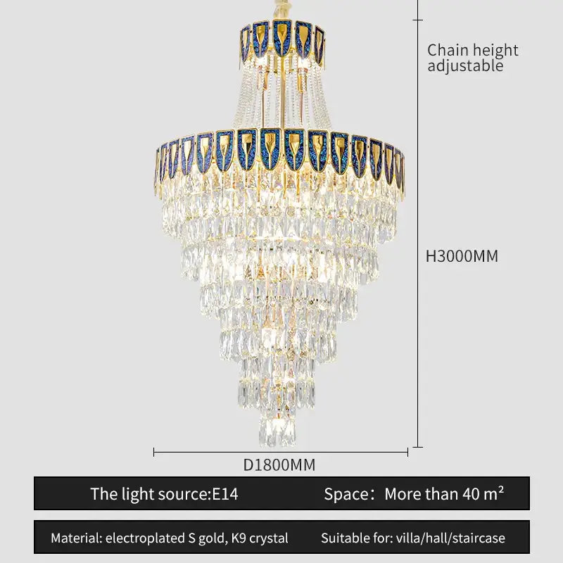 Elegant decorbites crystal chandelier with cascading clear k9 crystals and blue-gold accents for luxury settings
