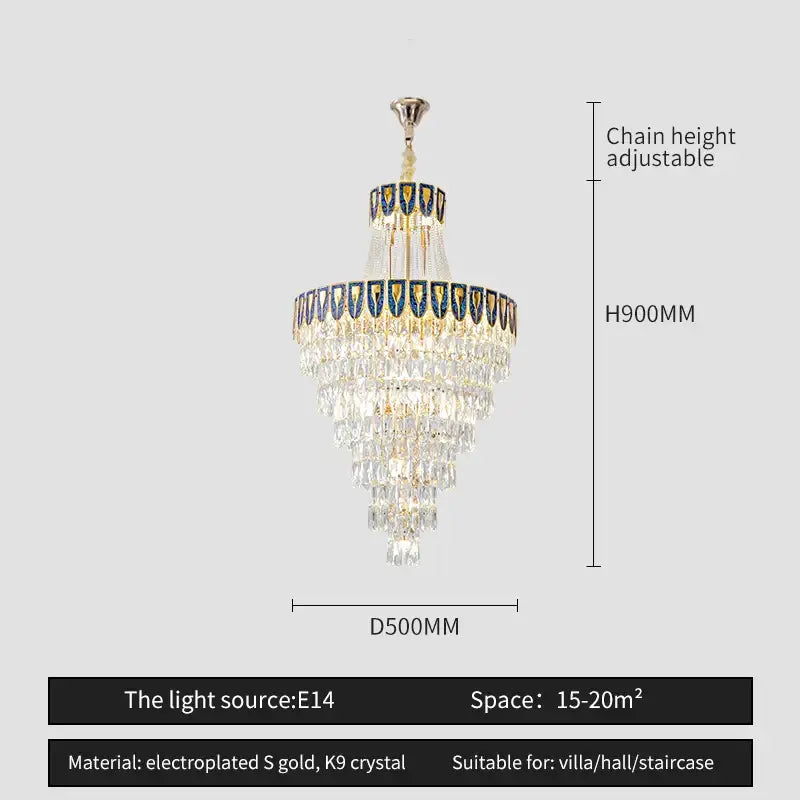 A decorbites crystal chandelier featuring cascading k9 crystal strands and blue gold mosaic accents in electroplated gold
