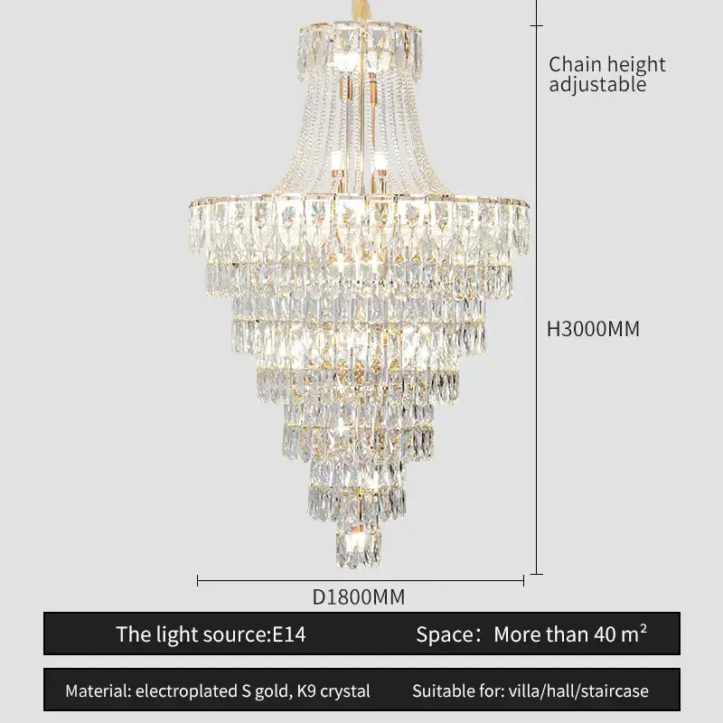 Elegant multi-tiered DecorBites crystal chandelier with cascading K9 crystal prisms and gold electroplated accents for luxury spaces