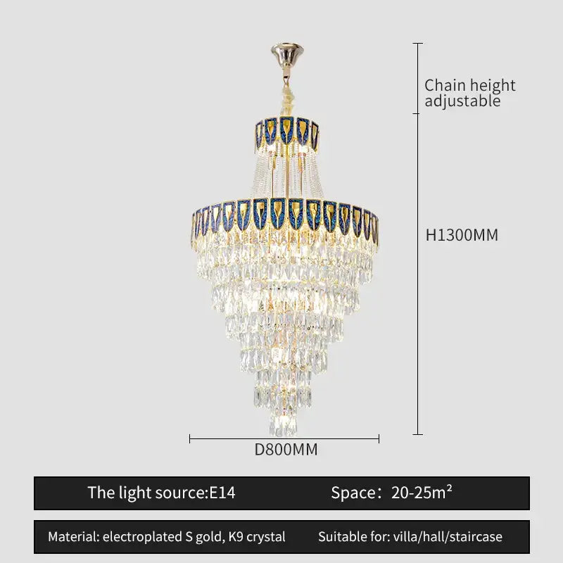 Elegant DecorBites crystal chandelier art with electroplated gold frame blue enamel and K9 crystal droplets for luxury spaces