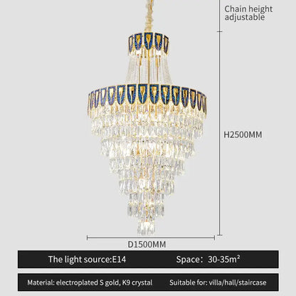 DecorBites crystal chandelier with cascading clear k9 crystals gold accents and blue decorative elements for luxury spaces