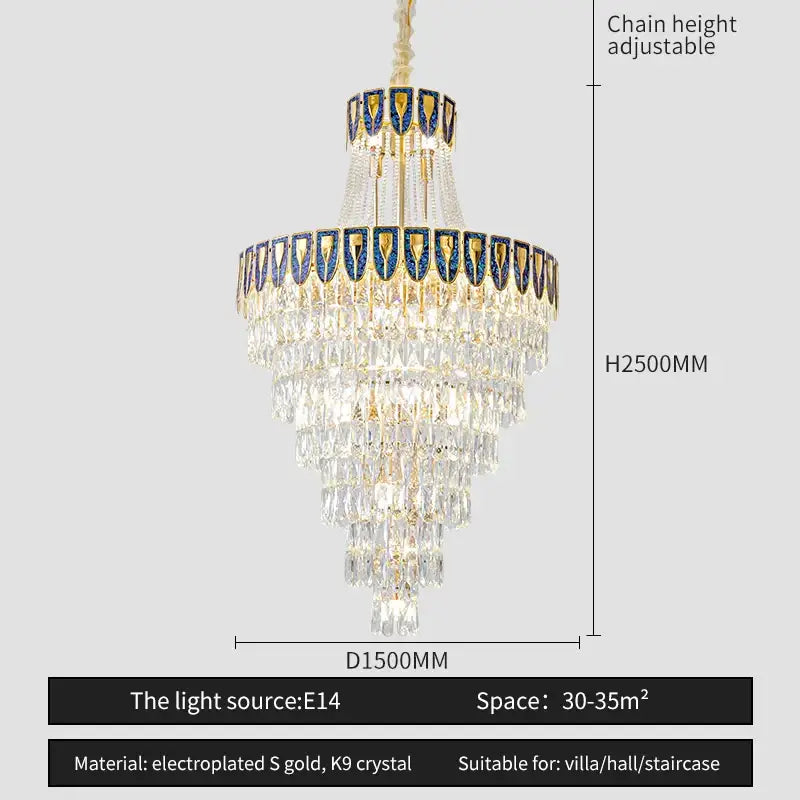 DecorBites crystal chandelier with cascading clear k9 crystals gold accents and blue decorative elements for luxury spaces
