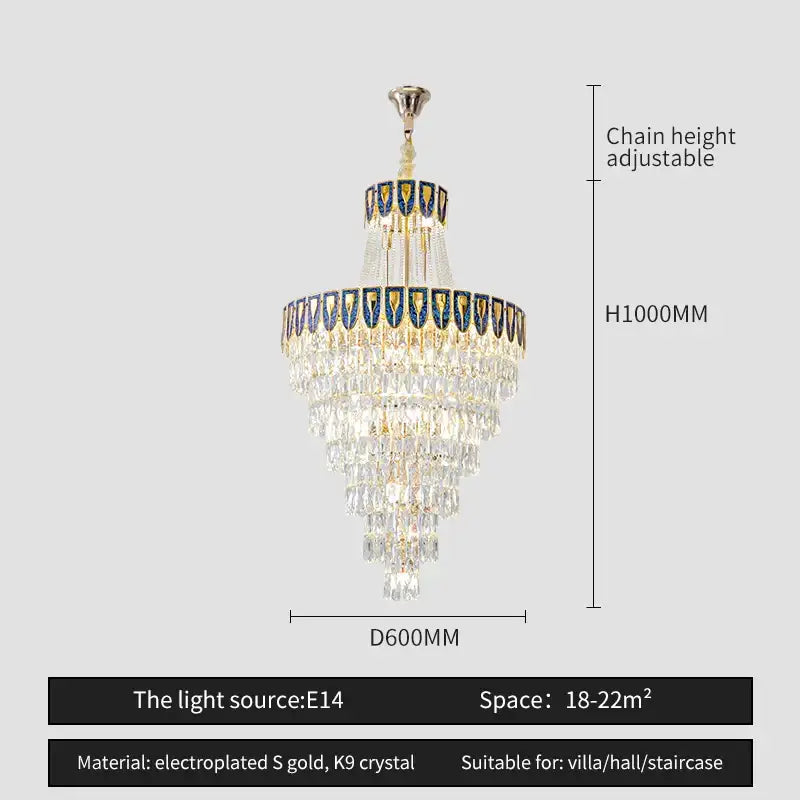 A decorbites crystal chandelier with cascading k9 crystal strands and blue gold accents for luxury living spaces