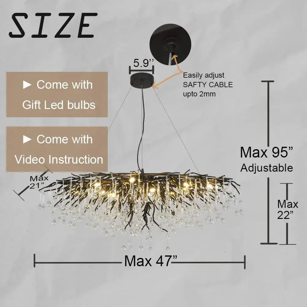 Black wrought iron decorbites crystal chandelier with cascading clear crystal droplets and warm led lights for living room