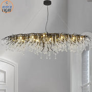 Elegant black wrought iron decorbites crystal chandelier with cascading crystal droplets and warm led lights for living room