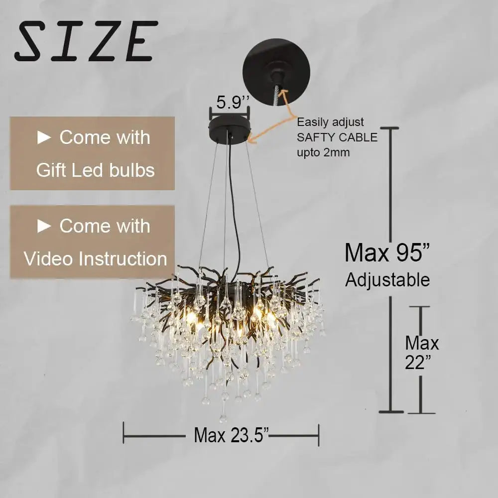 Black metal decorbites crystal chandelier with crystal droplets and branches for living room and dining table lighting