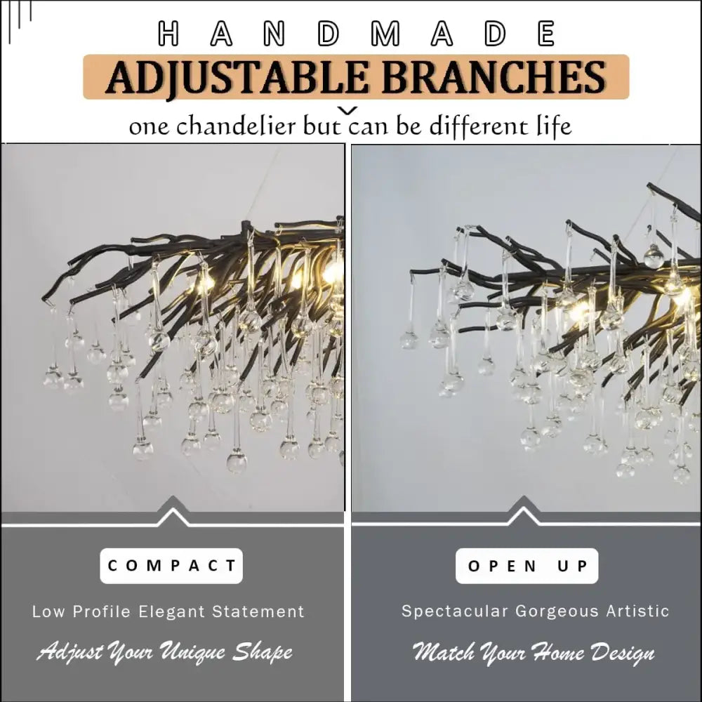 Black branch-style decorbites crystal chandelier with dangling crystal droplets for living room and dining table use