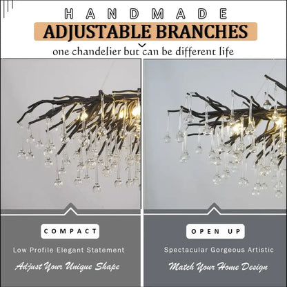 Black branch-style decorbites crystal chandelier with dangling crystal droplets for living room and dining table use