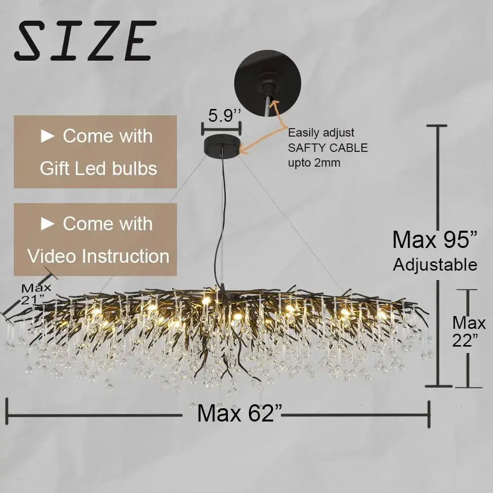 Black metal decorbites crystal chandelier with cascading crystal droplets and warm led lights for living room and dining table